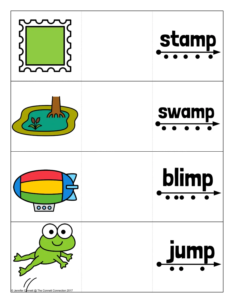 Ending -mp blend cards for stamp, swamp, blimp and jump: students blend each word along its sound-dot arrow