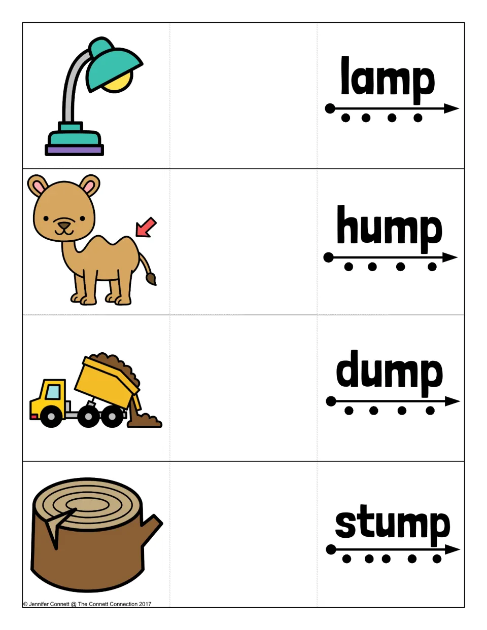 Ending -mp blend cards for lamp, hump, dump and stump: students tap each sound dot, blend, then unfold the picture