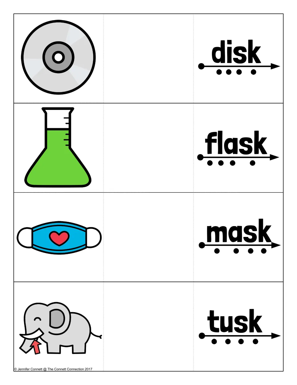 Ending -sk blend cards to cut out: students sound out disk, flask, mask and tusk, each paired with a matching picture