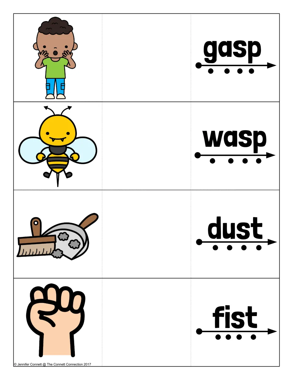 Ending -sp and -st blend cards: students blend gasp, wasp, dust and fist sound by sound, with pictures to reveal