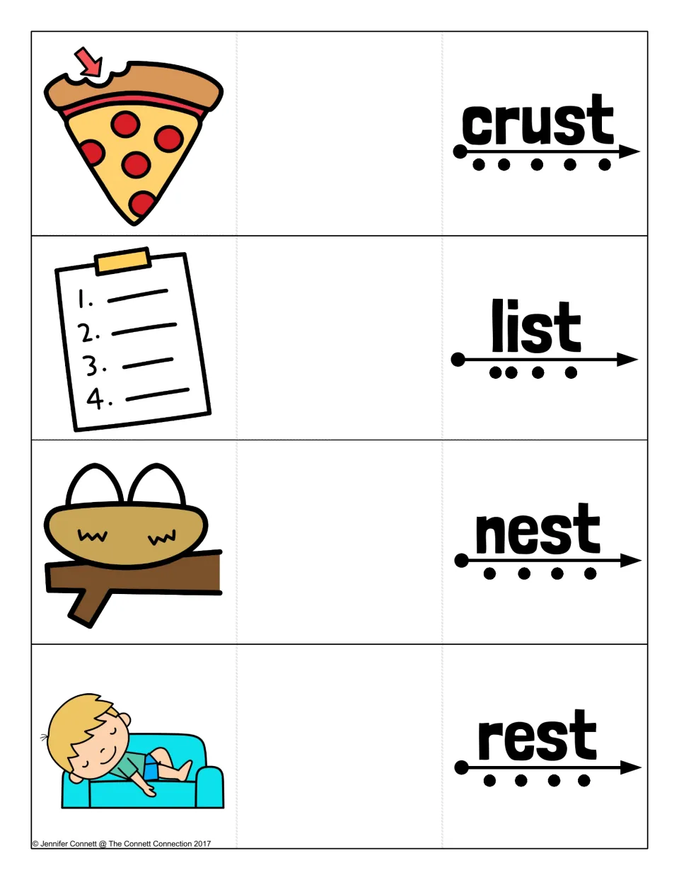 Ending -st blend cards: students tap each sound to read crust, list, nest and rest, then check against the picture