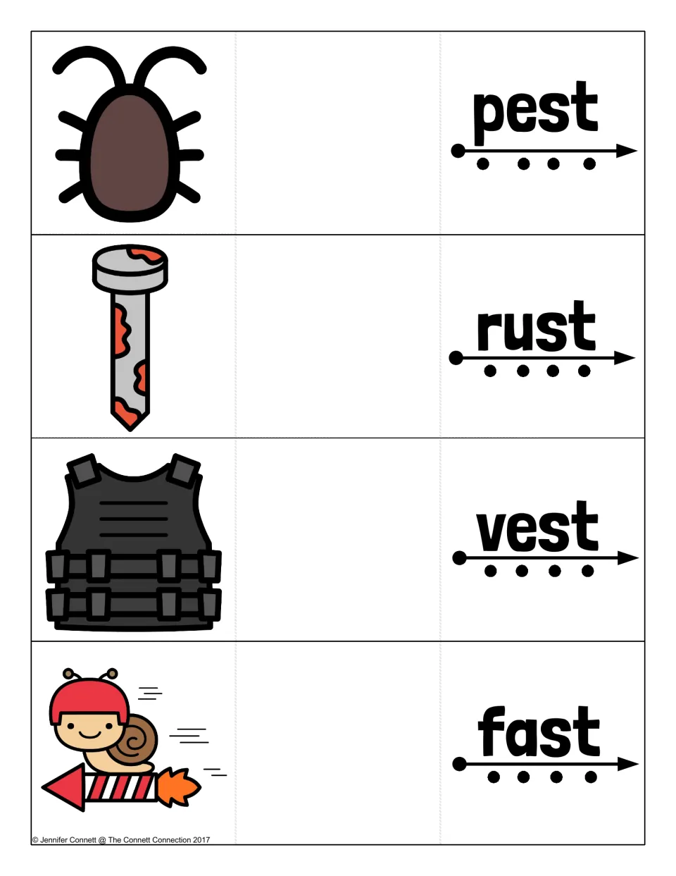 More -st word cards: students sound out pest, rust, vest and fast and read each word smoothly before opening the card