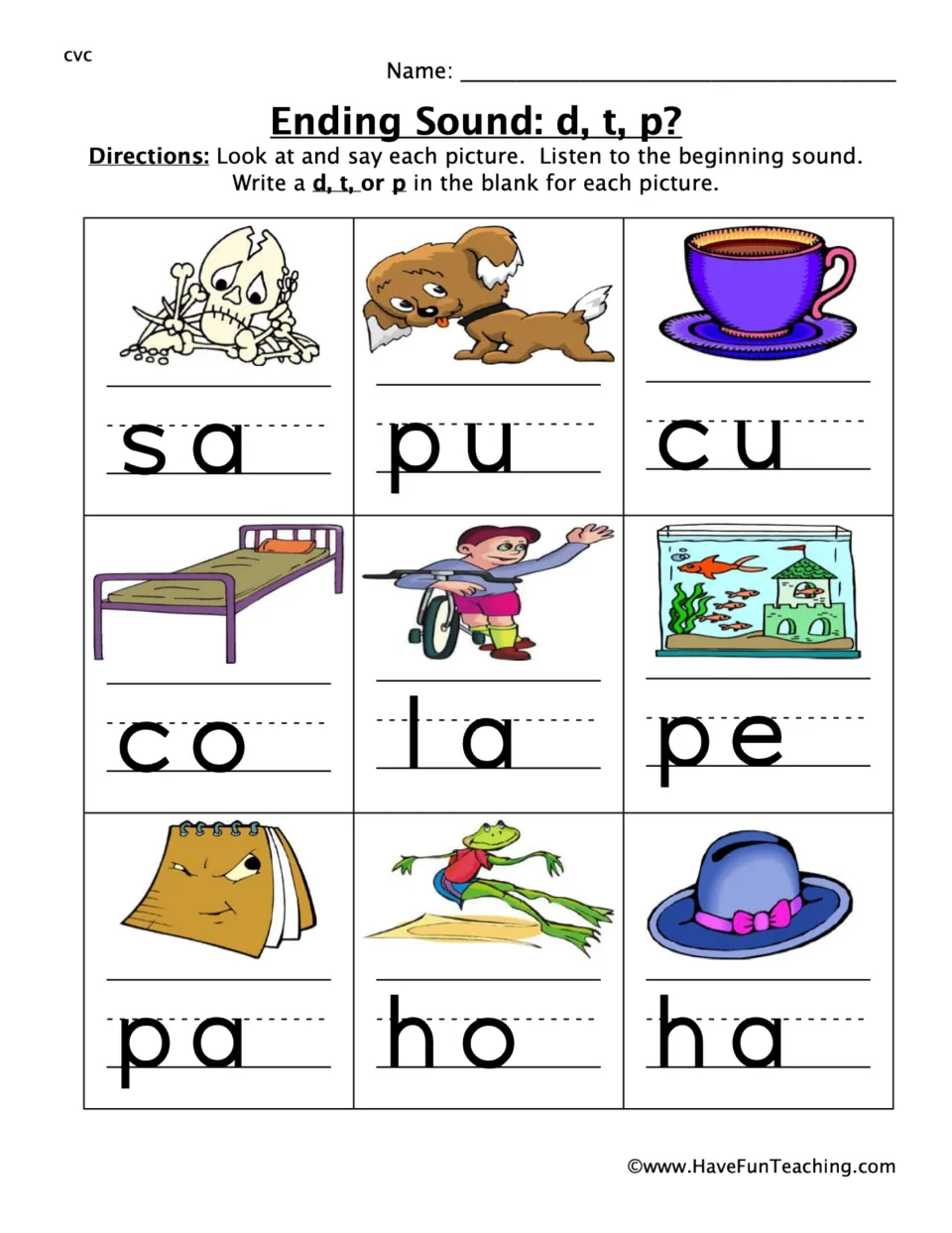 Ending sound practice: add d, t, or p to sa, pu, cu, co, la, pe, pa, ho, and ha using picture clues.
