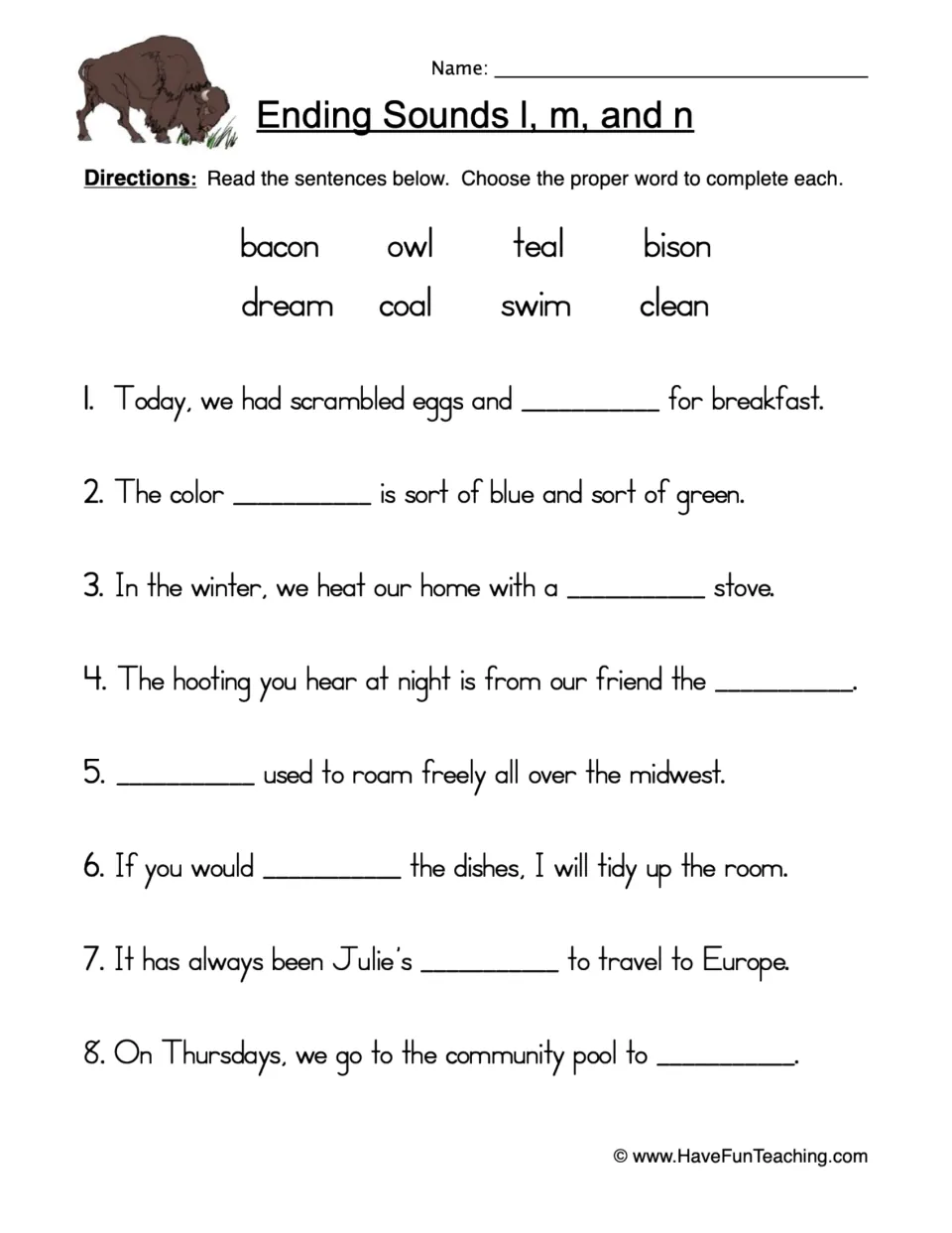 Ending sounds l, m, and n practice: eight sentences to complete using bacon, owl, teal, bison, and four more.