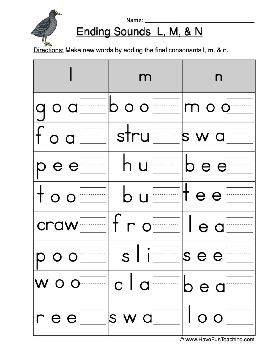 Ending sounds practice: add l, m, or n to 24 word beginnings, including goa, boo, moo, foa, stru, and swa.