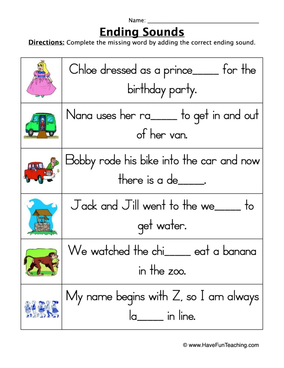 Ending sounds practice with six illustrated sentences to complete, including prince___, ra___ and de___.