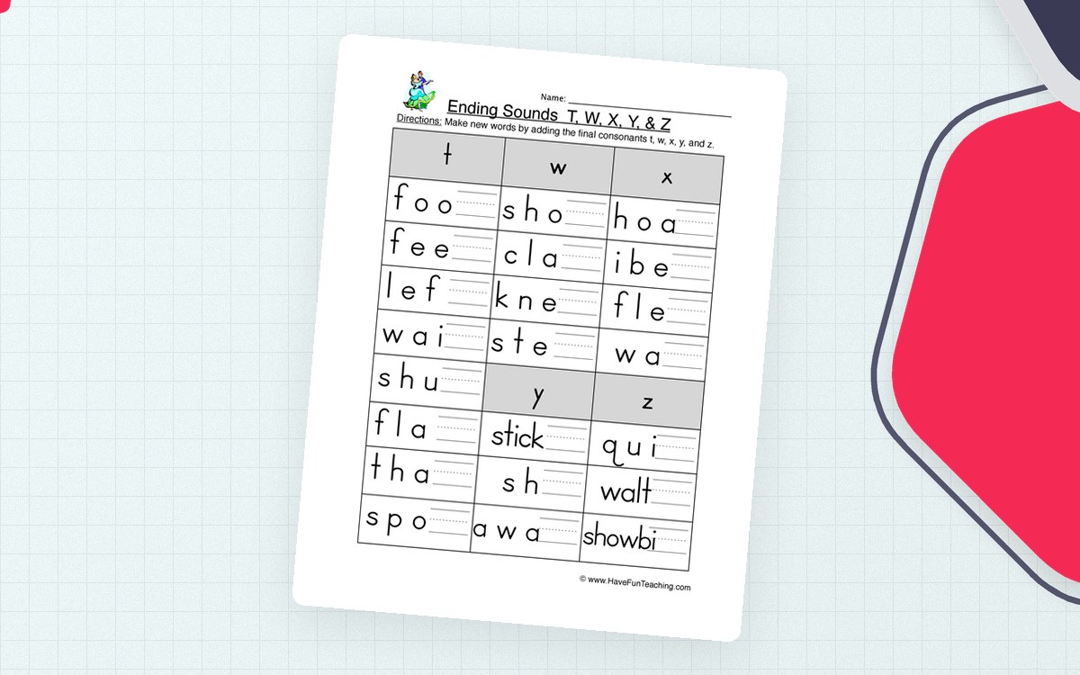 Ending Sounds T W X Y Z Worksheet preview: Partial words needing a final consonant