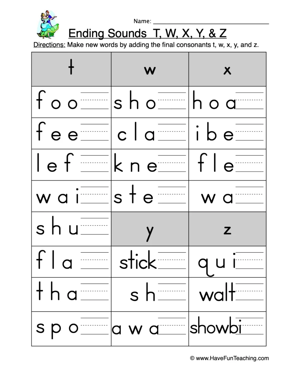 Final consonants t, w, x, y and z: students add the missing last letter to word parts like foo, sho, hoa and qui