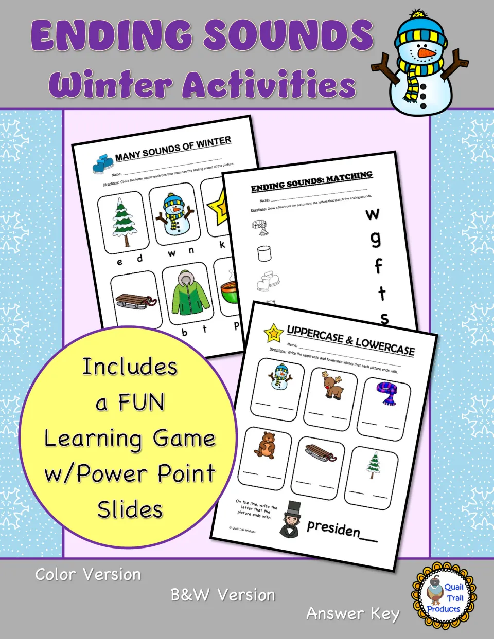 Ending Sounds Winter Activities cover showing worksheet samples and noting a game with PowerPoint slides