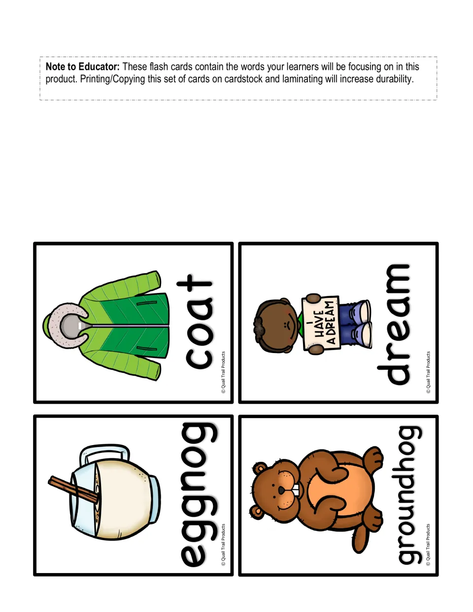 Winter ending-sounds flashcards 1–4 of 16: labeled pictures of coat, dream, eggnog, and groundhog
