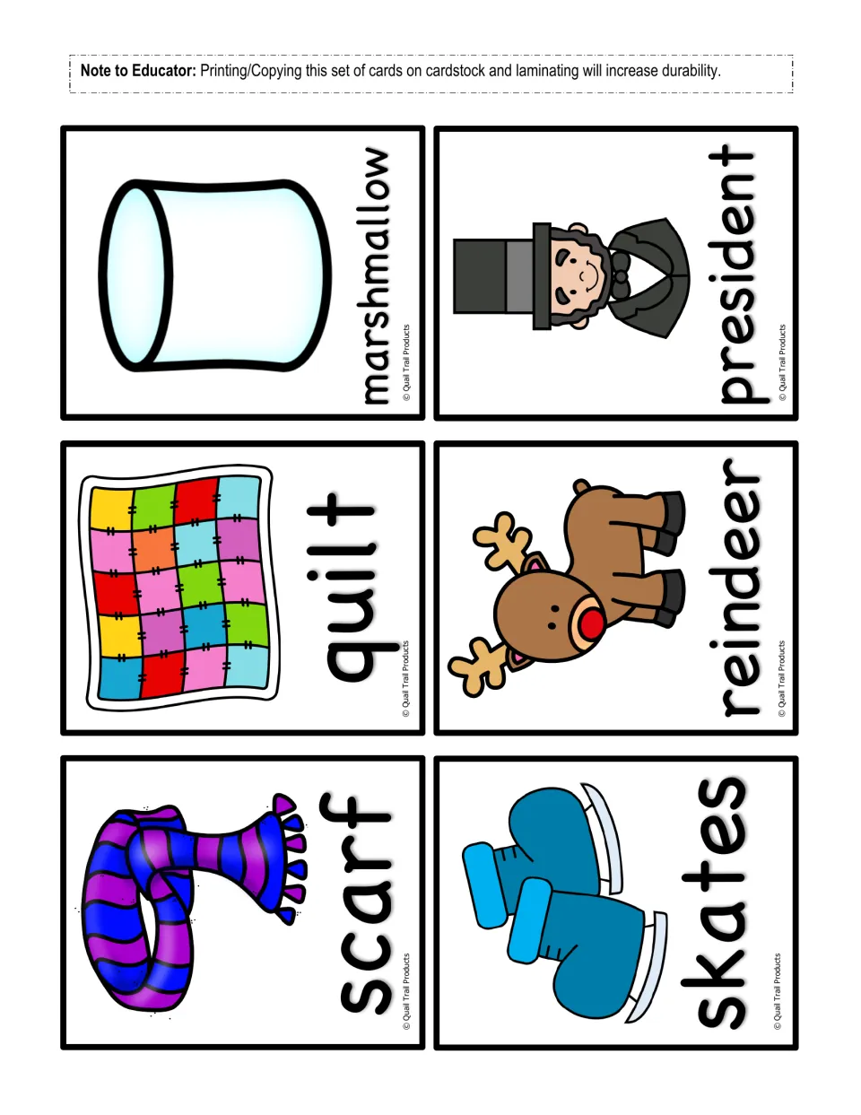 Winter ending-sounds flashcards 5–10: marshmallow, president, quilt, reindeer, scarf, and skates