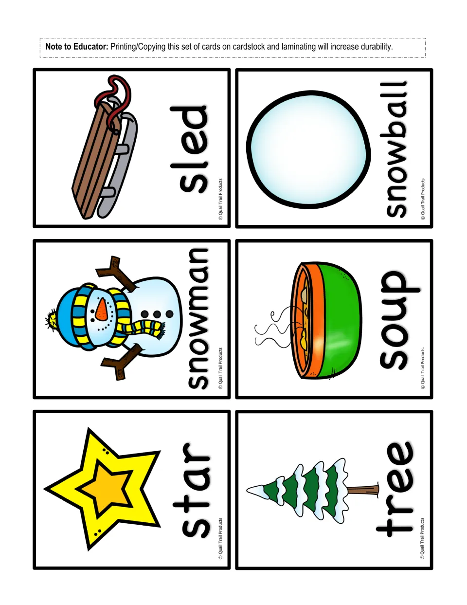 Winter ending-sounds flashcards 11–16: labeled pictures of sled, snowball, snowman, soup, star, and tree
