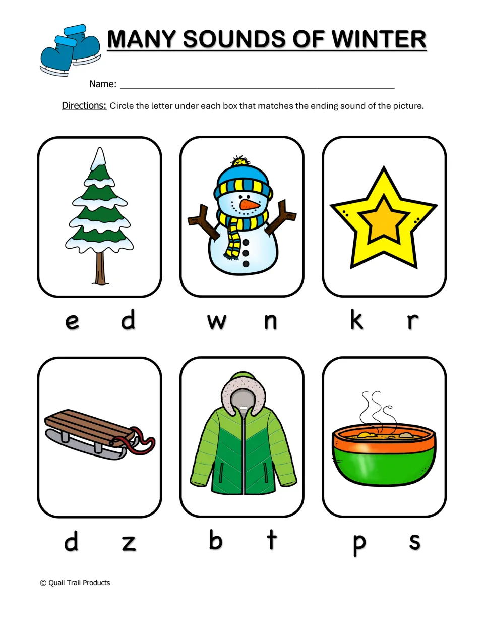 Many Sounds of Winter practice: circle ending letters for tree, snowman, star, sled, coat, and soup