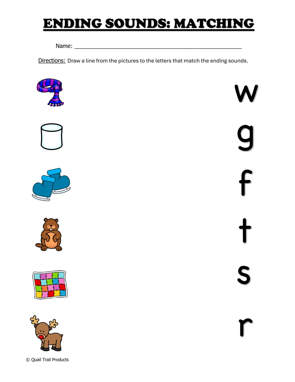 Ending Sounds: Matching practice pairs scarf, marshmallow, skates, groundhog, quilt, and reindeer with letters