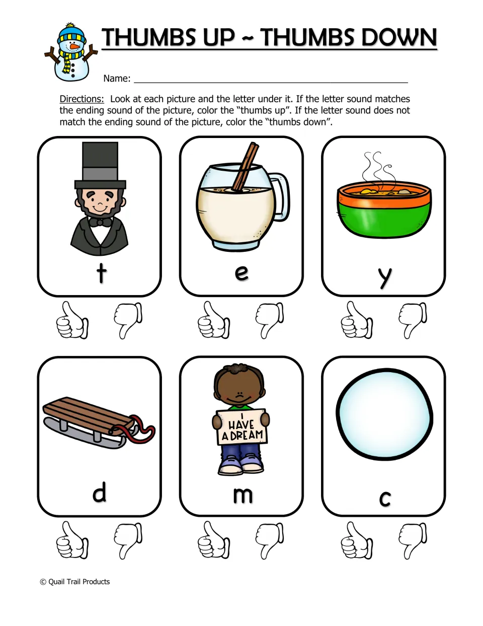 Thumbs Up ~ Thumbs Down practice checks ending letters for president, eggnog, soup, sled, dream, and snowball