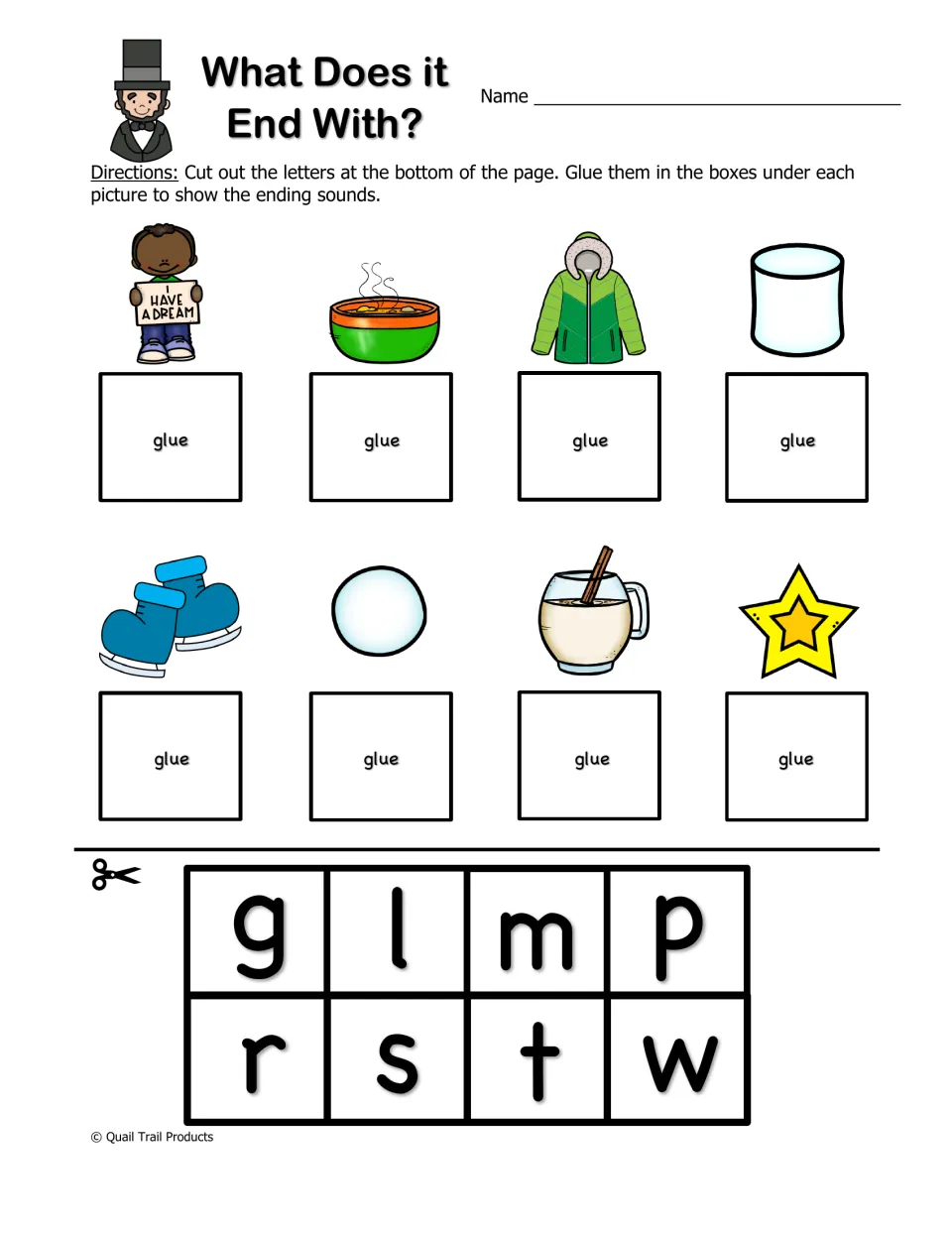 What Does it End With? Cut-and-glue practice matches g, l, m, p, r, s, t, and w to eight winter pictures