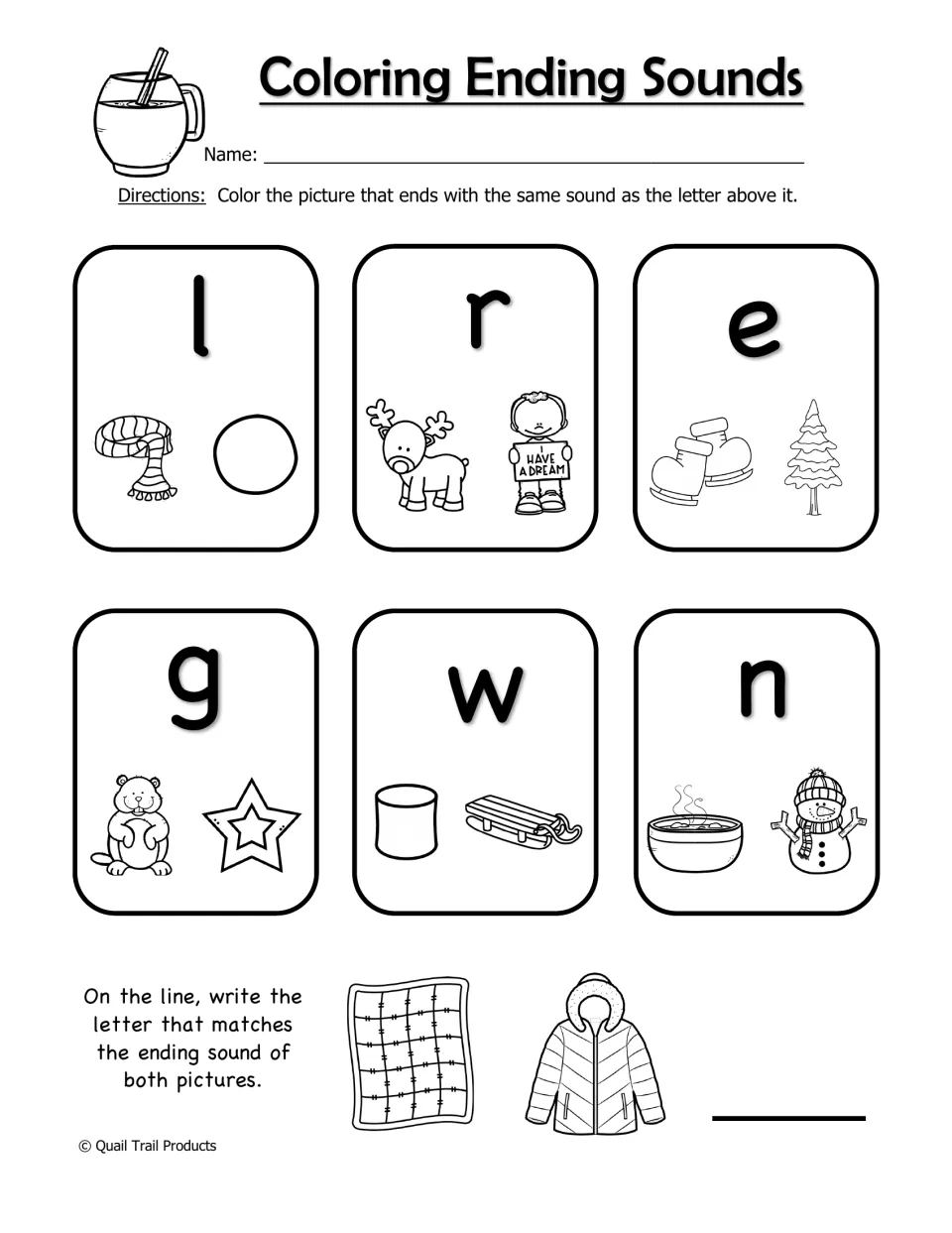 Coloring Ending Sounds practice selects pictures for l, r, e, g, w, and n, then compares quilt and coat