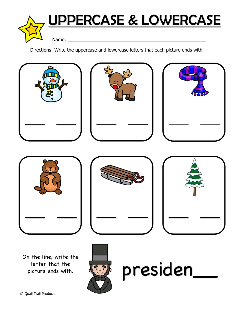 Uppercase & Lowercase practice asks for ending letters of six winter pictures and completes the word president