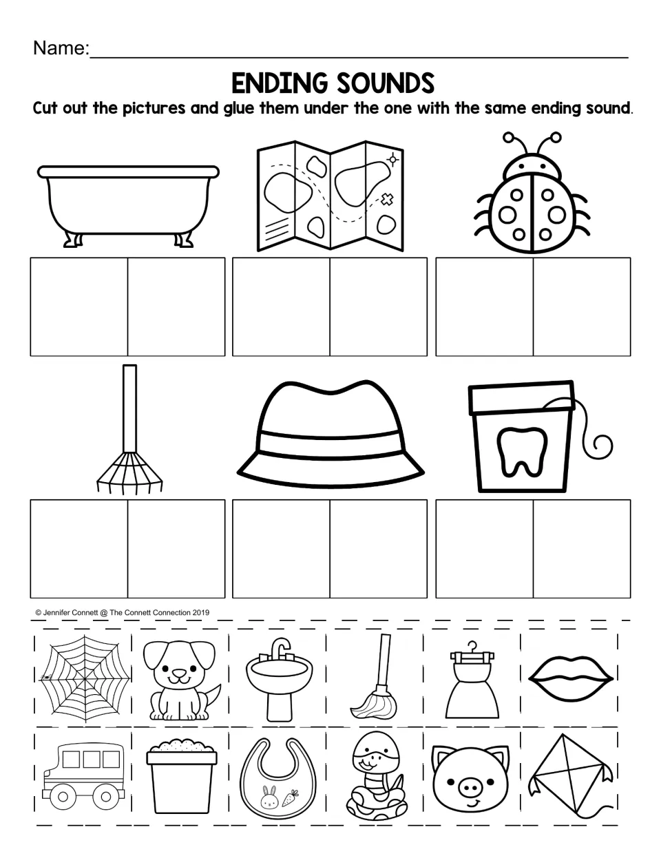 Ending-sound sorting sheet: match 12 cutouts to tub, map, bug, rake, hat, and floss by their final sounds.