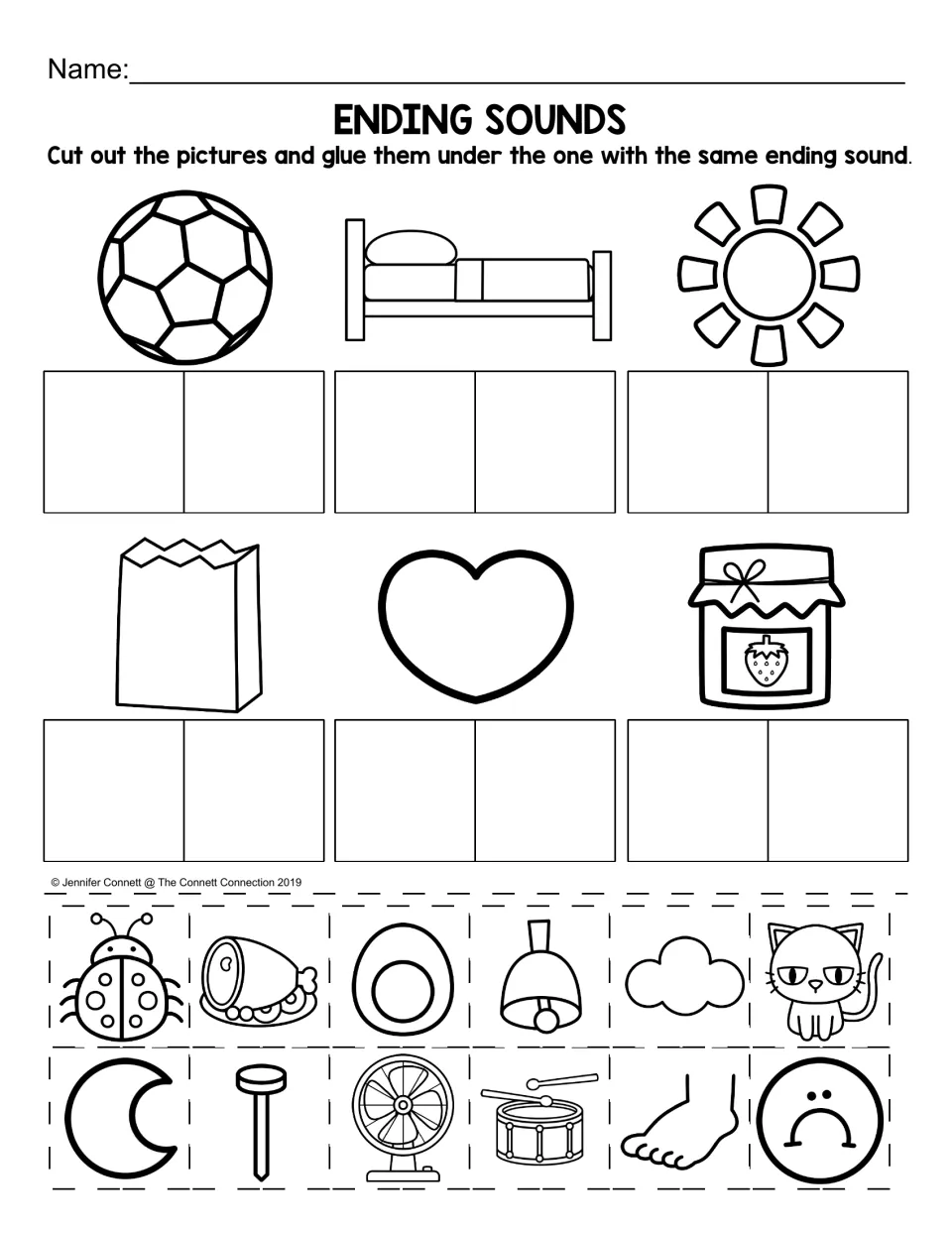 Ending-sound sorting sheet: match 12 cutouts to ball, bed, sun, bag, heart, and jam by their final sounds.