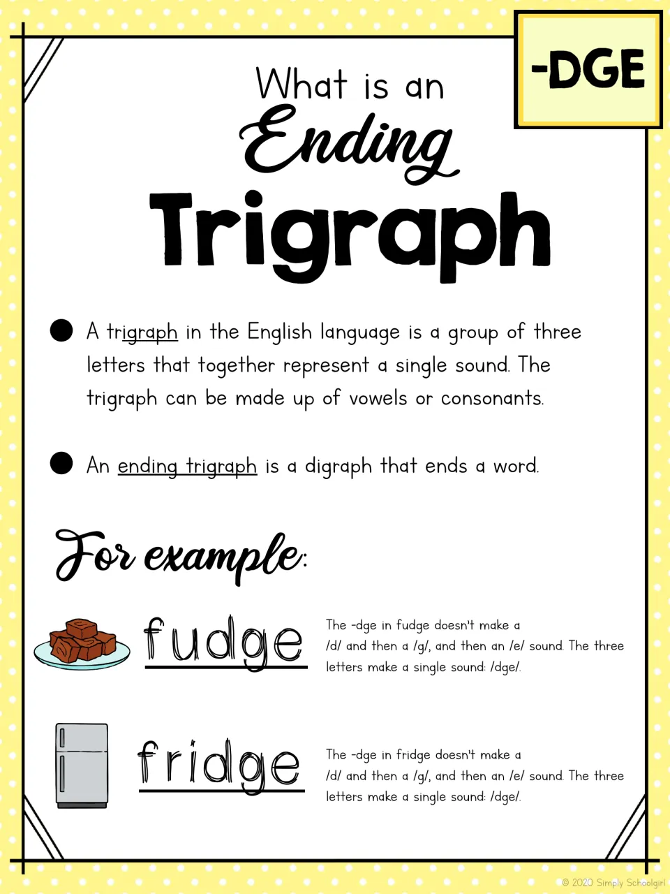 What is an ending trigraph: defines a trigraph and shows fudge and fridge, where -dge makes one sound /dge/