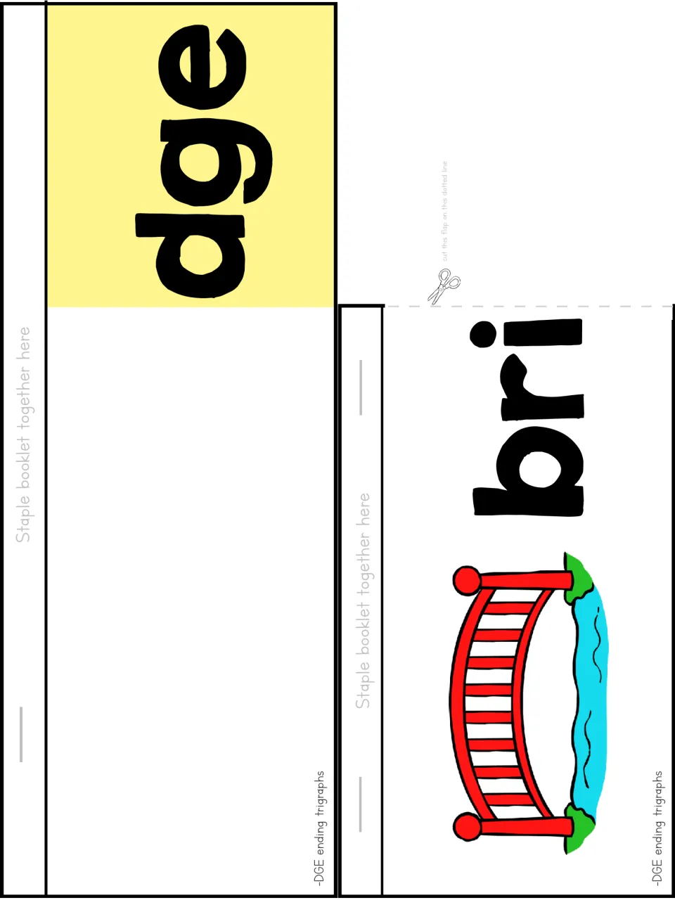 Flip booklet cut-out pieces: a dge flap page and a bri page with a bridge picture for blending the word bridge