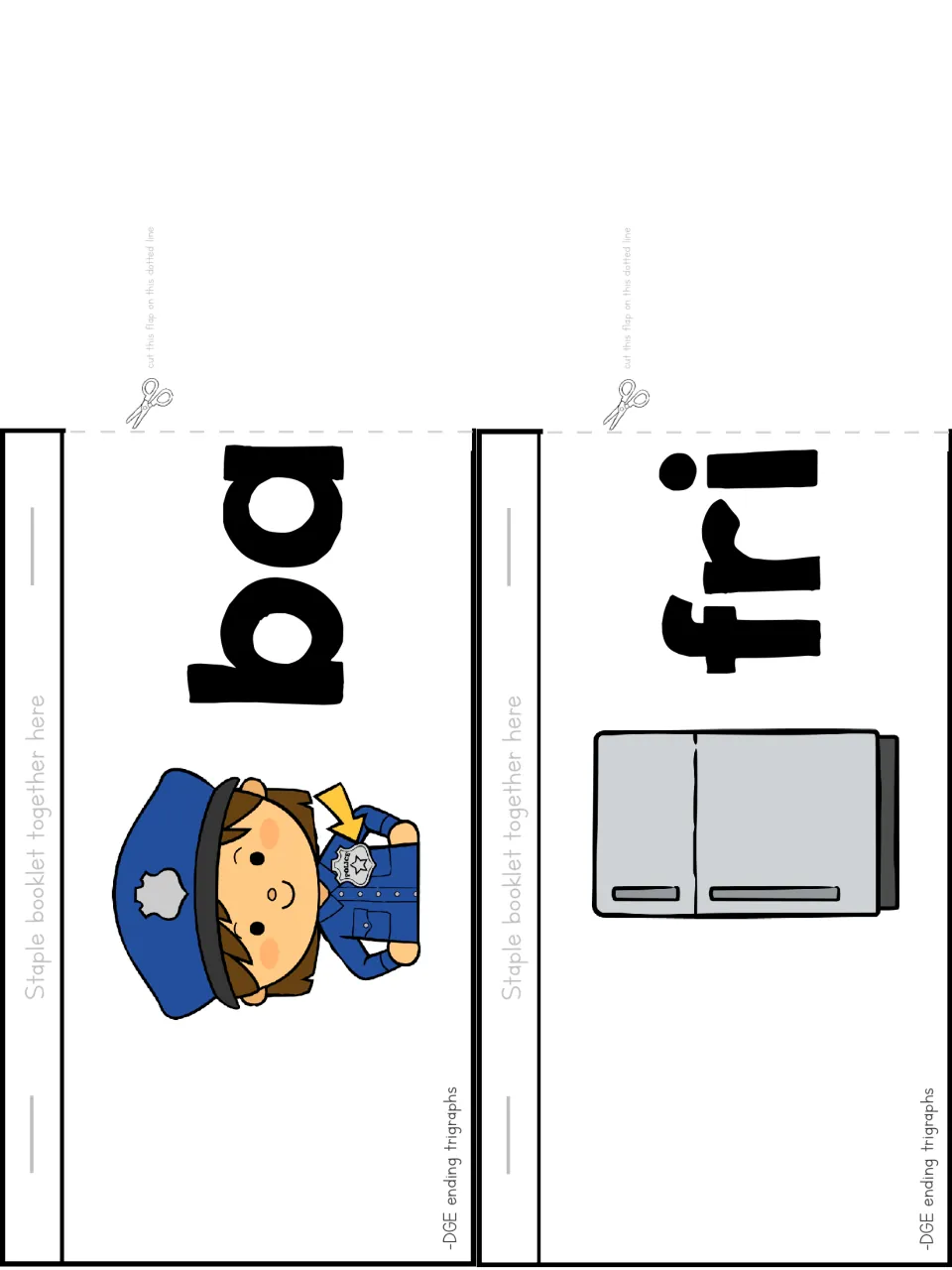 Flip booklet cut-out pieces: ba with a police officer for badge and fri with a refrigerator for fridge