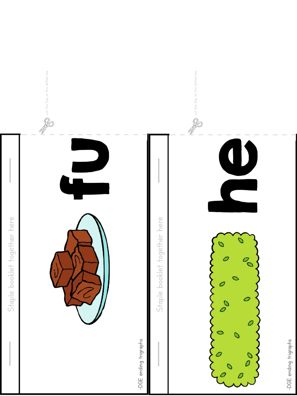 Flip booklet cut-out pieces: fu with a plate of fudge and he with a green hedge for blending fudge and hedge