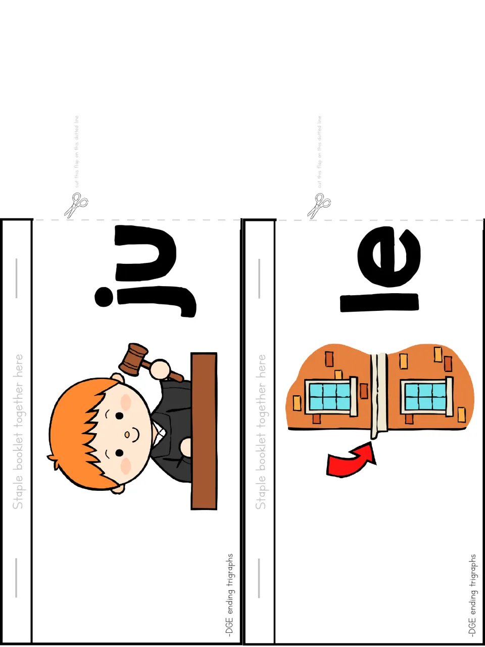 Flip booklet cut-out pieces: ju with a judge and gavel, le with a window ledge and arrow, for judge and ledge