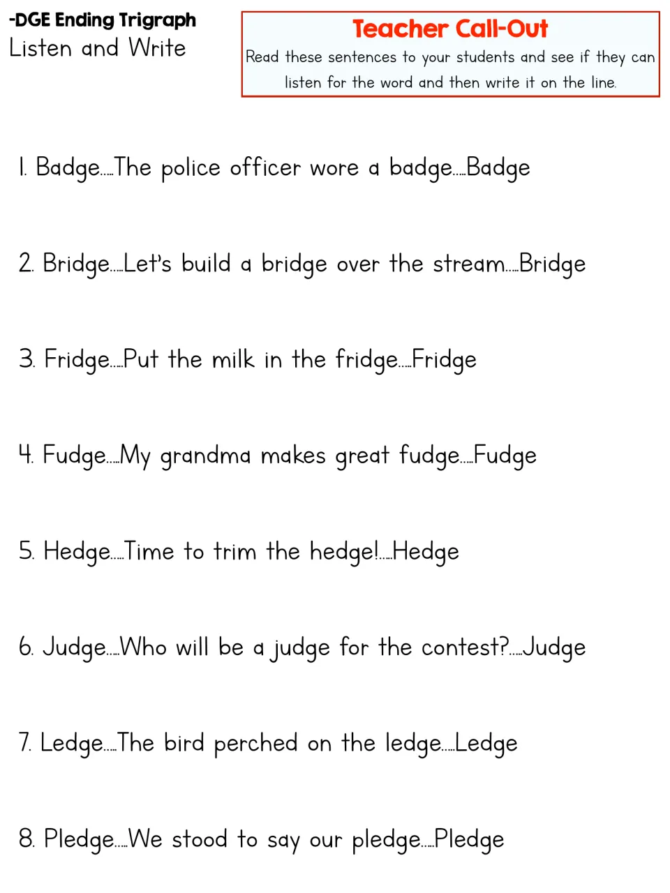 Listen and write dictation: teacher reads 8 -dge sentences, from badge to pledge, and students write each word