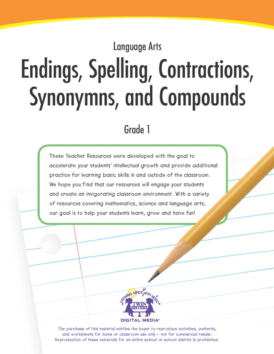 Cover of a Twin Sisters language arts workbook on endings, spelling, contractions, synonyms and compound words