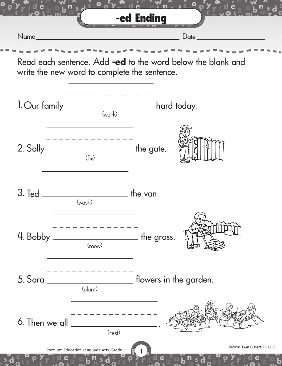 -ed ending practice: students add -ed to work, fix, wash, mow, plant and rest to complete six past-tense sentences