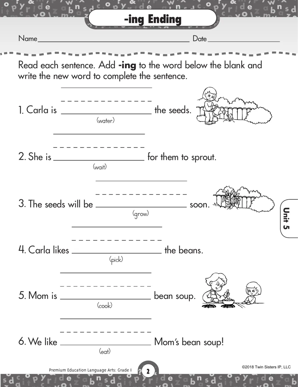 -ing ending practice: students add -ing to water, wait, grow, pick, cook and eat to finish six sentences about Carla