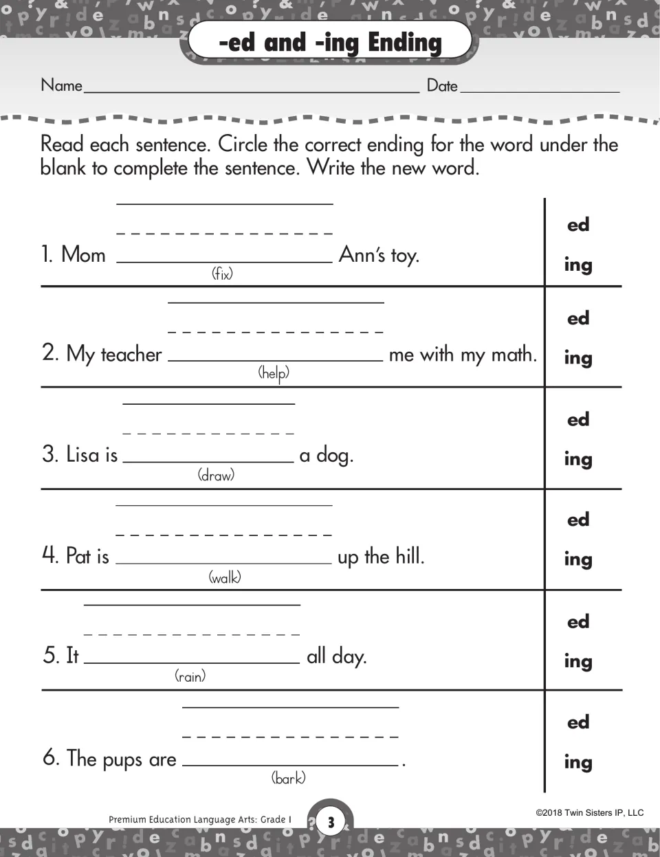 -ed and -ing endings: students circle the correct ending for fix, help, draw, walk, rain and bark, then write the word