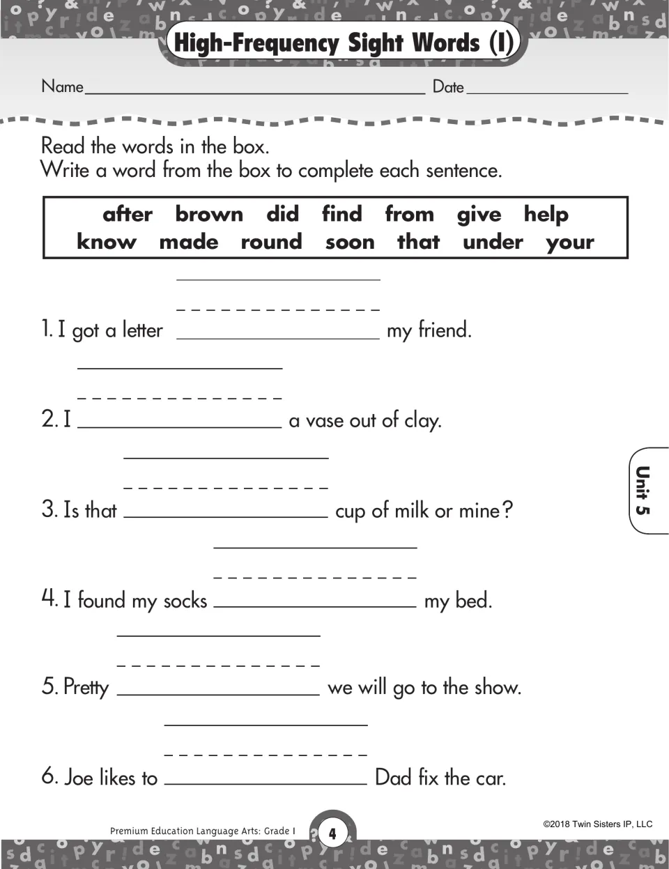 High-frequency sight words (I): students pick words such as from, made, your and under from a box to complete 6 sentences