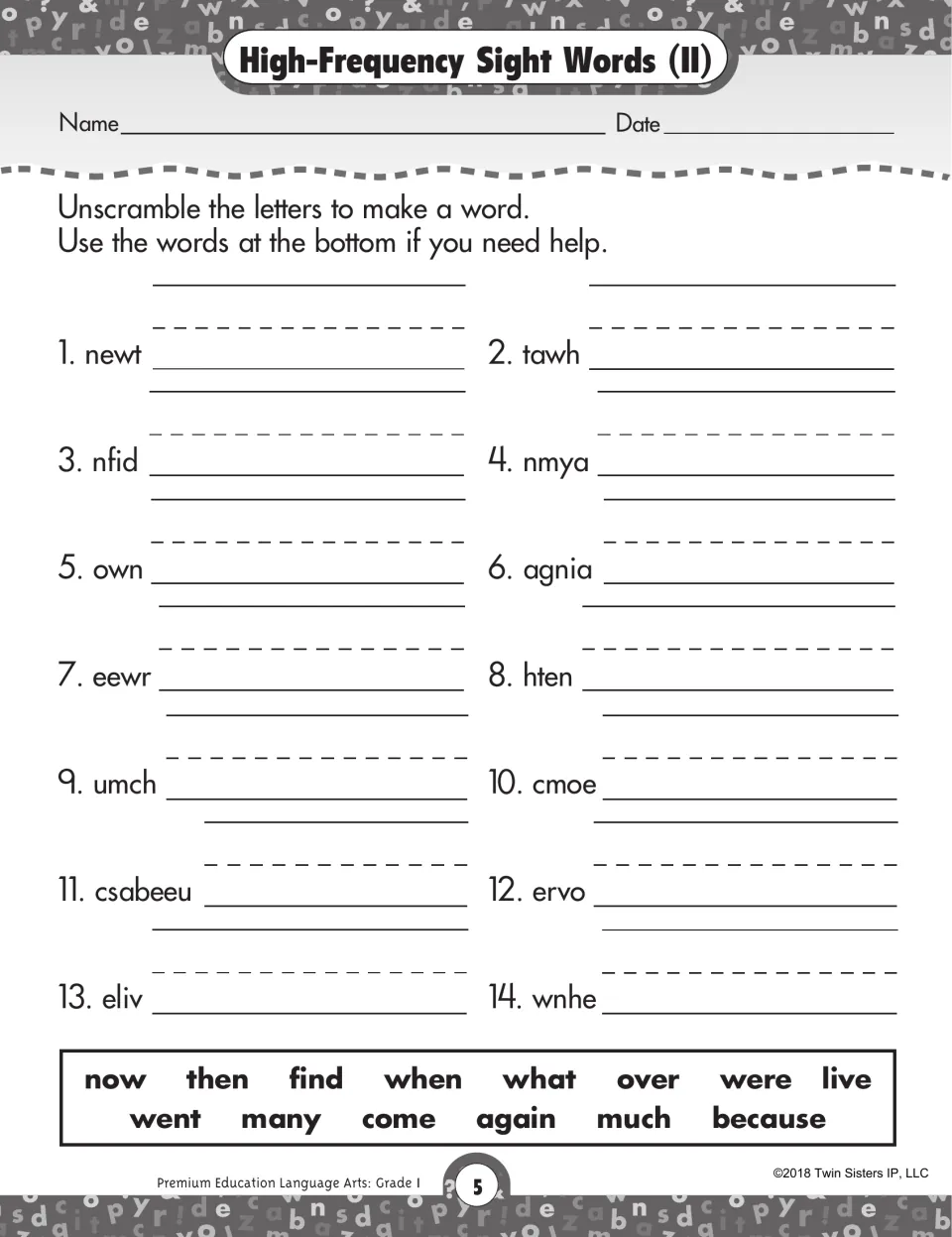 High-frequency sight words (II): students unscramble 14 words like newt to went and csabeeu to because, using a word bank