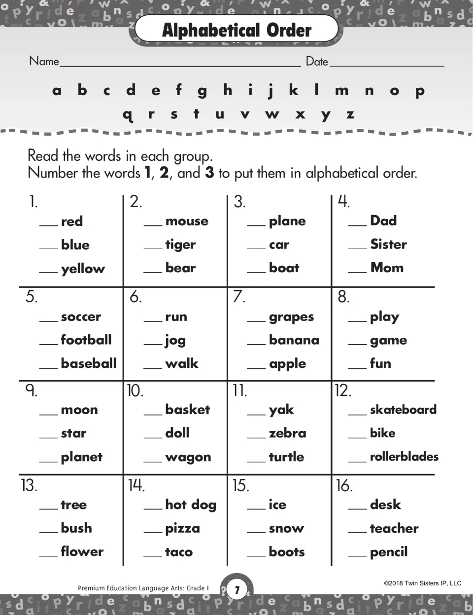 Alphabetical order: students number three words 1 to 3 in 16 groups, such as red, blue, yellow, using the alphabet strip