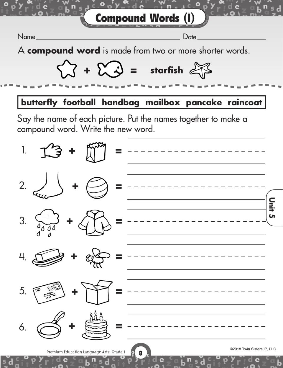 Compound words (I): students name picture pairs like hand + bag and write the compound word, with a word bank