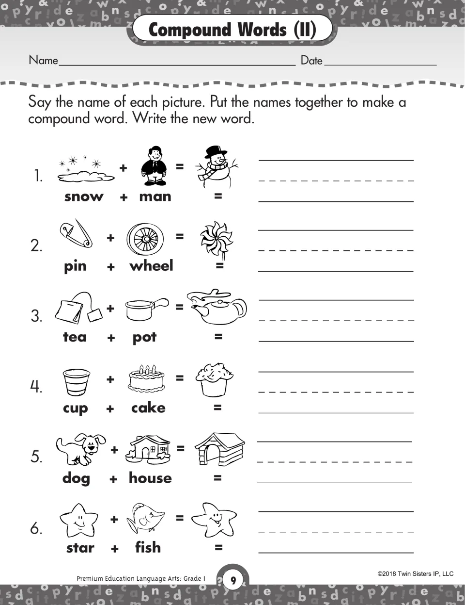 Compound words (II): students join labeled pictures such as snow + man, tea + pot and dog + house and write each new word