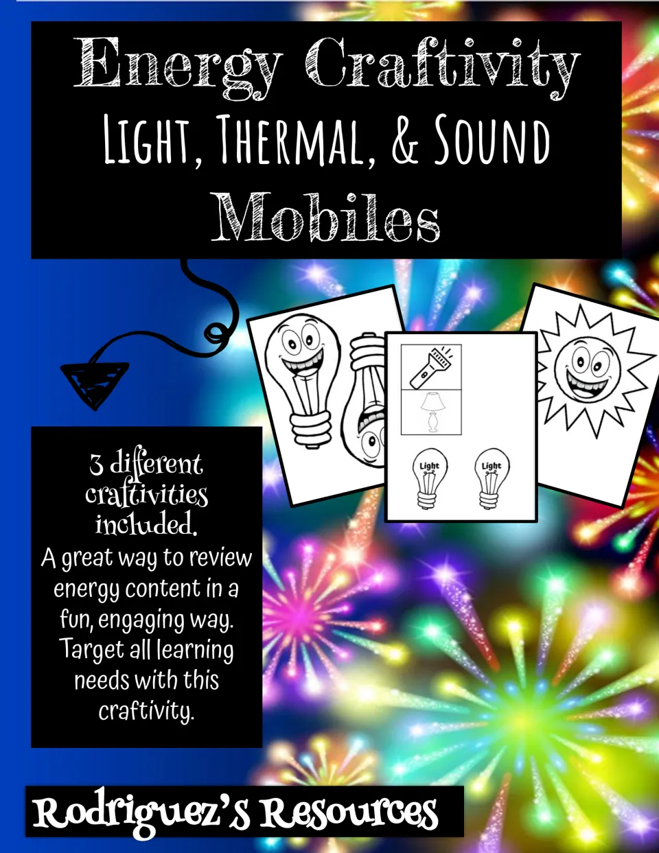 Energy Craftivity cover: light, thermal and sound mobiles, 3 craftivities shown with light bulb, sun and lamp pieces