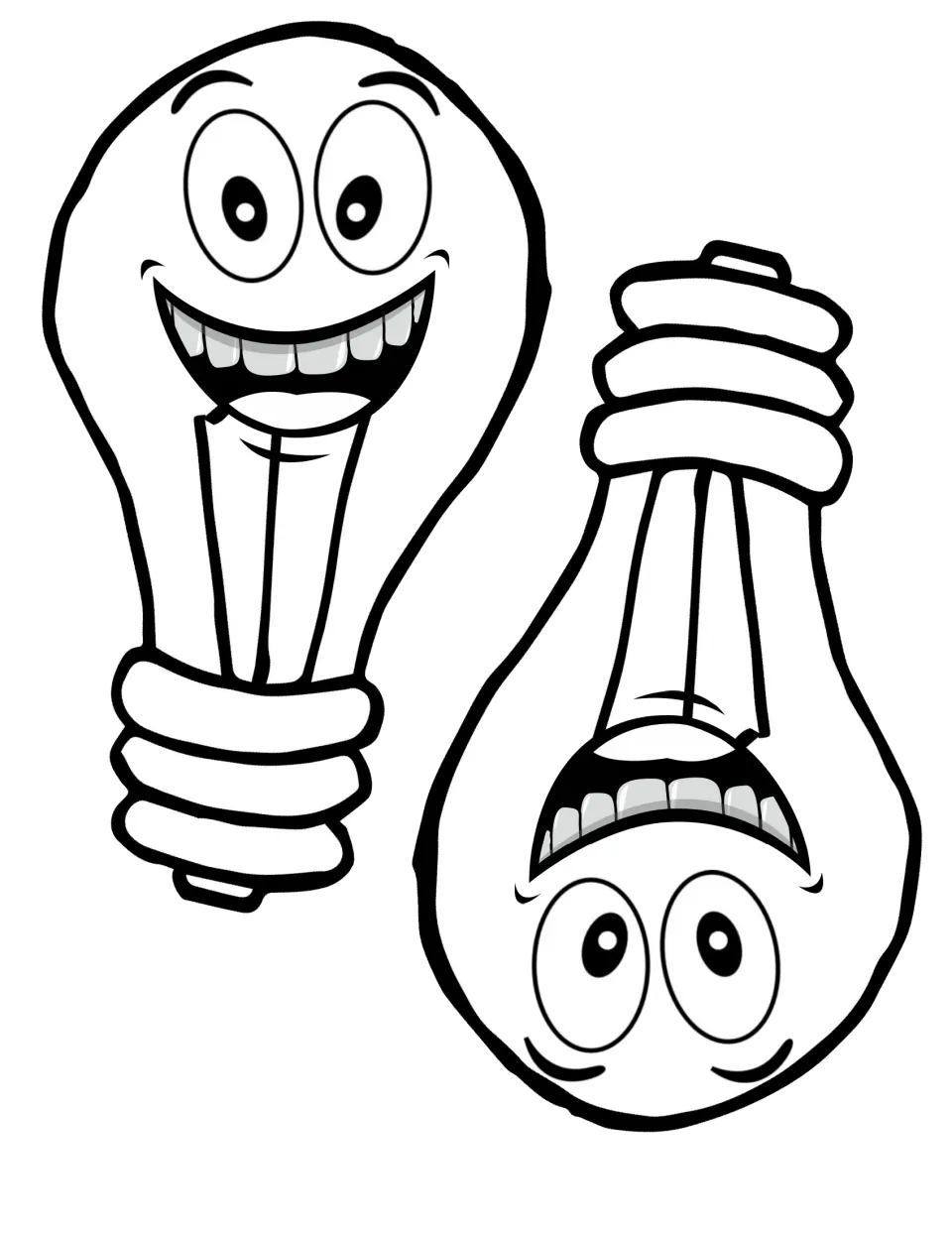 Light energy cut-out: two smiling cartoon light bulbs, one upright and one upside down, for students to color and cut