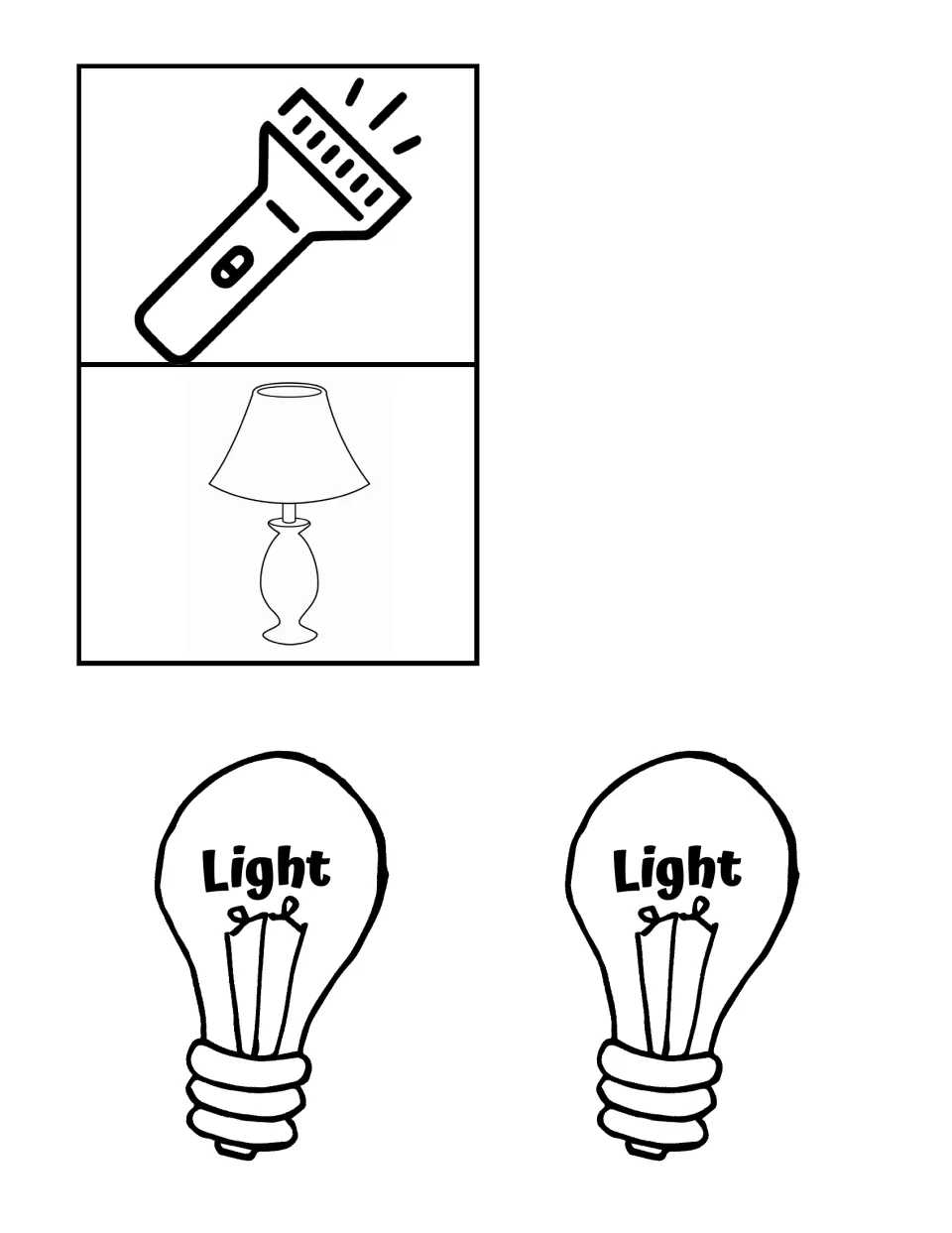 Light energy sources: students color and cut a flashlight and a table lamp picture plus two bulbs labeled Light