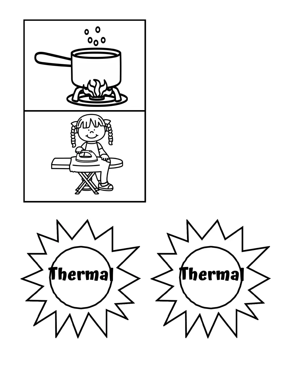 Thermal energy examples: a pot boiling on a stove and a girl ironing, plus two sun shapes labeled Thermal to cut out