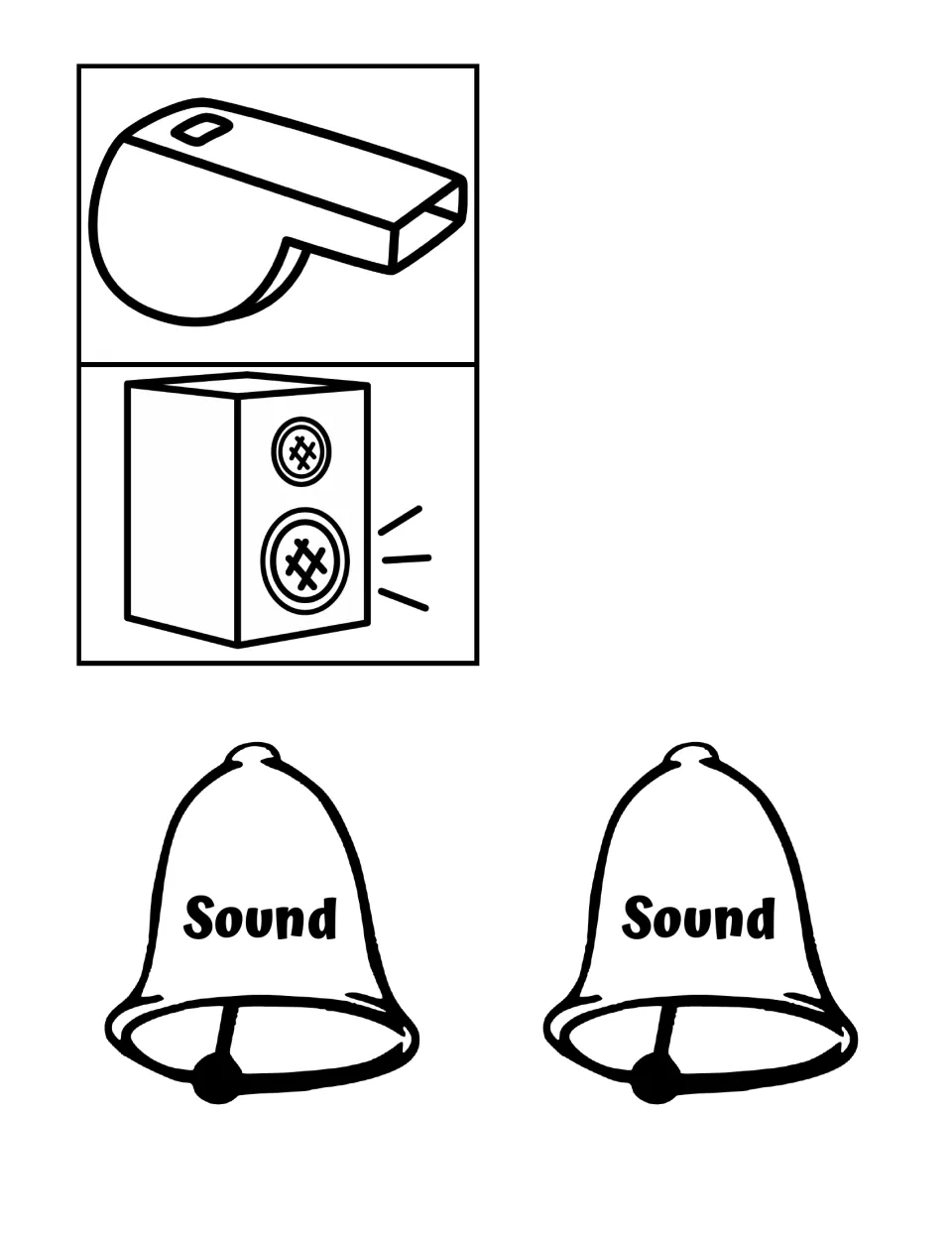 Sound energy examples: students color and cut a whistle and a loudspeaker picture plus two bells labeled Sound