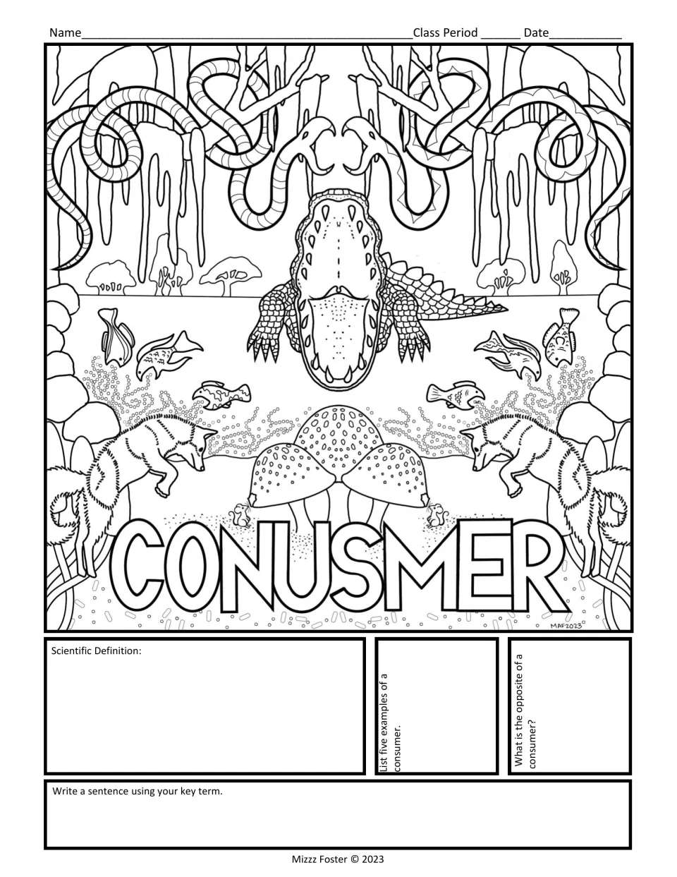 Consumer word wall coloring page: students color an alligator, snake and fox scene, define the term and list five examples