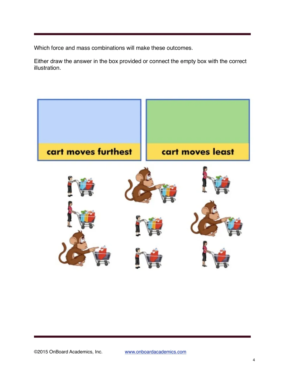Force-and-mass practice asks students to draw or match cart examples that will move farthest and least far