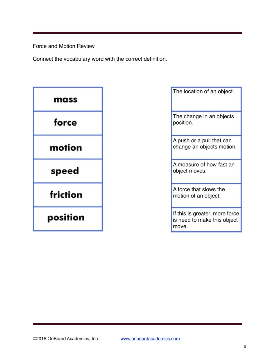 Force and Motion Review asks students to match mass, force, motion, speed, friction, and position to definitions