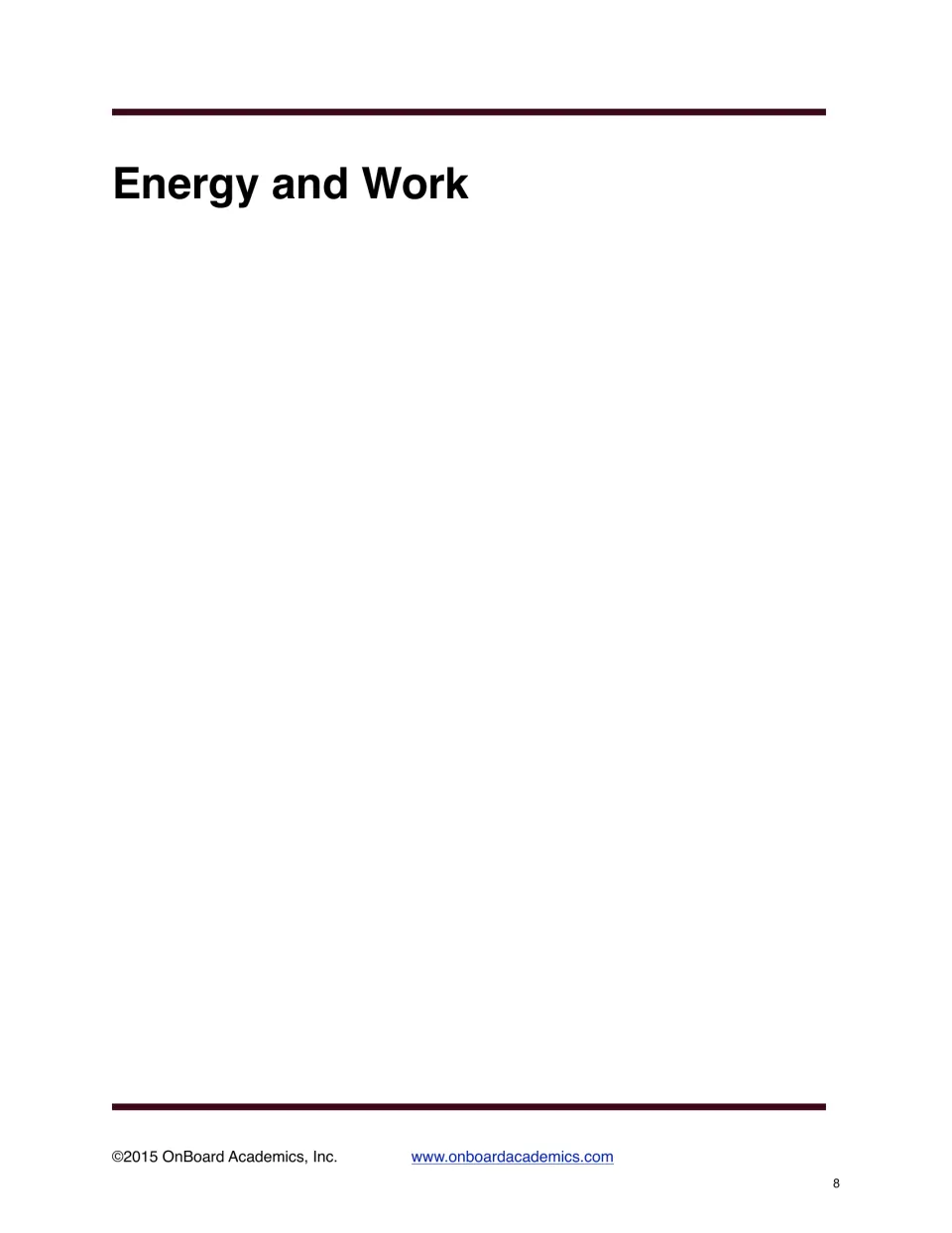 Section opener titled “Energy and Work,” marking the next workbook topic after the Forces and Motion quiz