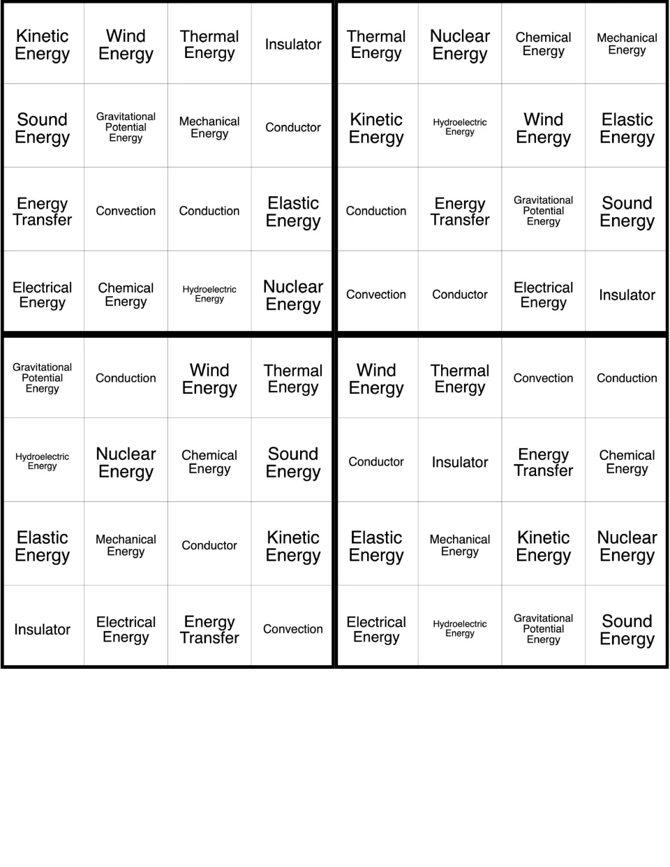 Energy BINGO cards 1–4 include kinetic energy, wind energy, thermal energy, insulator and 12 more terms.