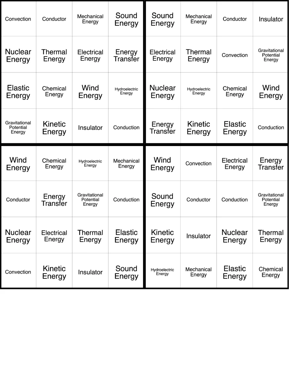 Energy BINGO cards 5–8 include convection, conductor, mechanical energy, sound energy and 12 more terms.